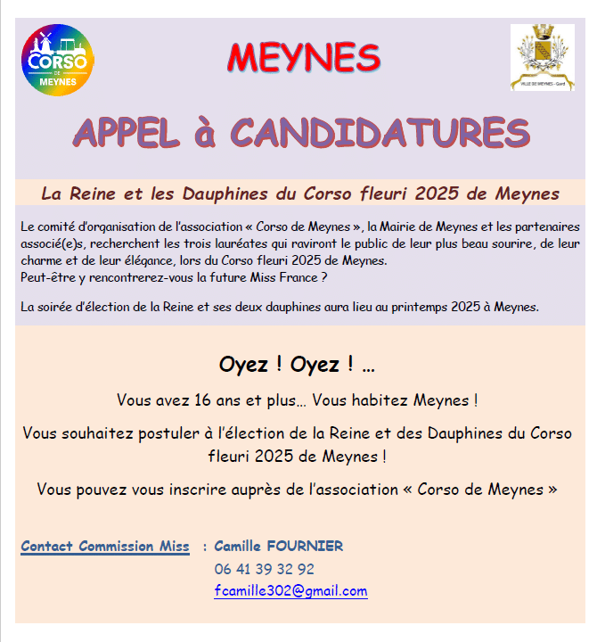 TERMINE - Appel à candidatures par le Corso de Meynes pour le Corso Fleuri 2025 2025 Miss Appel a candidatures pretendantes au 04 octobre 2024