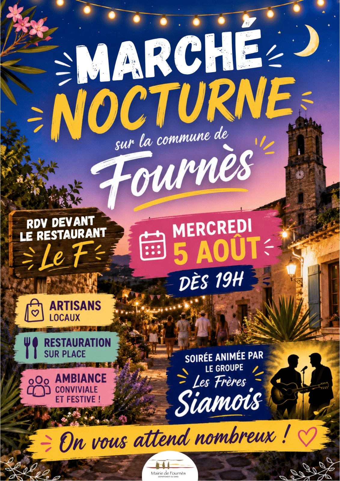 Fournès : un marché nocturne placé sous le signe de la convivialité le mercredi 5 août marche nocturne fournes 2026 affiche